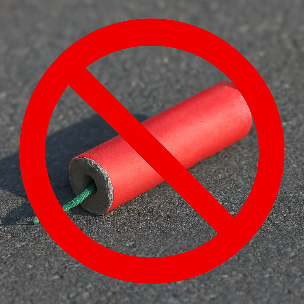 A red firecracker is prohibited by a red circle with a line through it on the pavement.