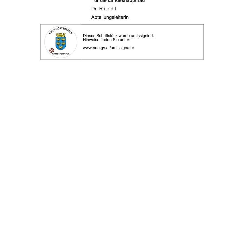 A document for the Landeshauptfrau Dr. Riedel, signed by the department head. Below, a note states that this document was signed electronically, with a link for reference.