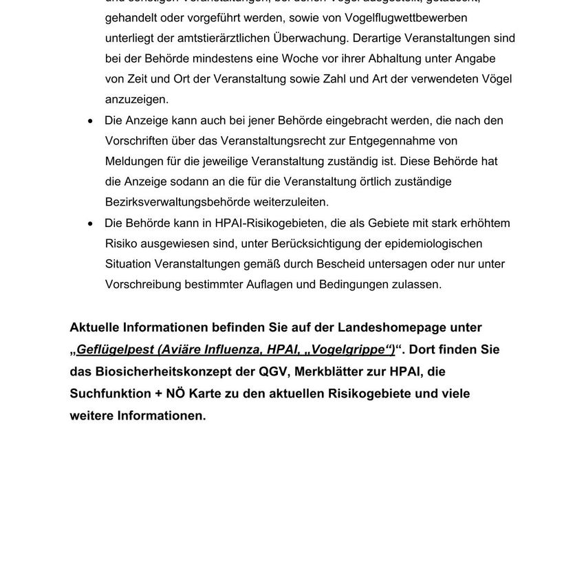 The image contains information about bird flu and the measures taken by authorities. It explains that events with birds must be reported to the authorities. It also states that events can be reported to the responsible authorities.