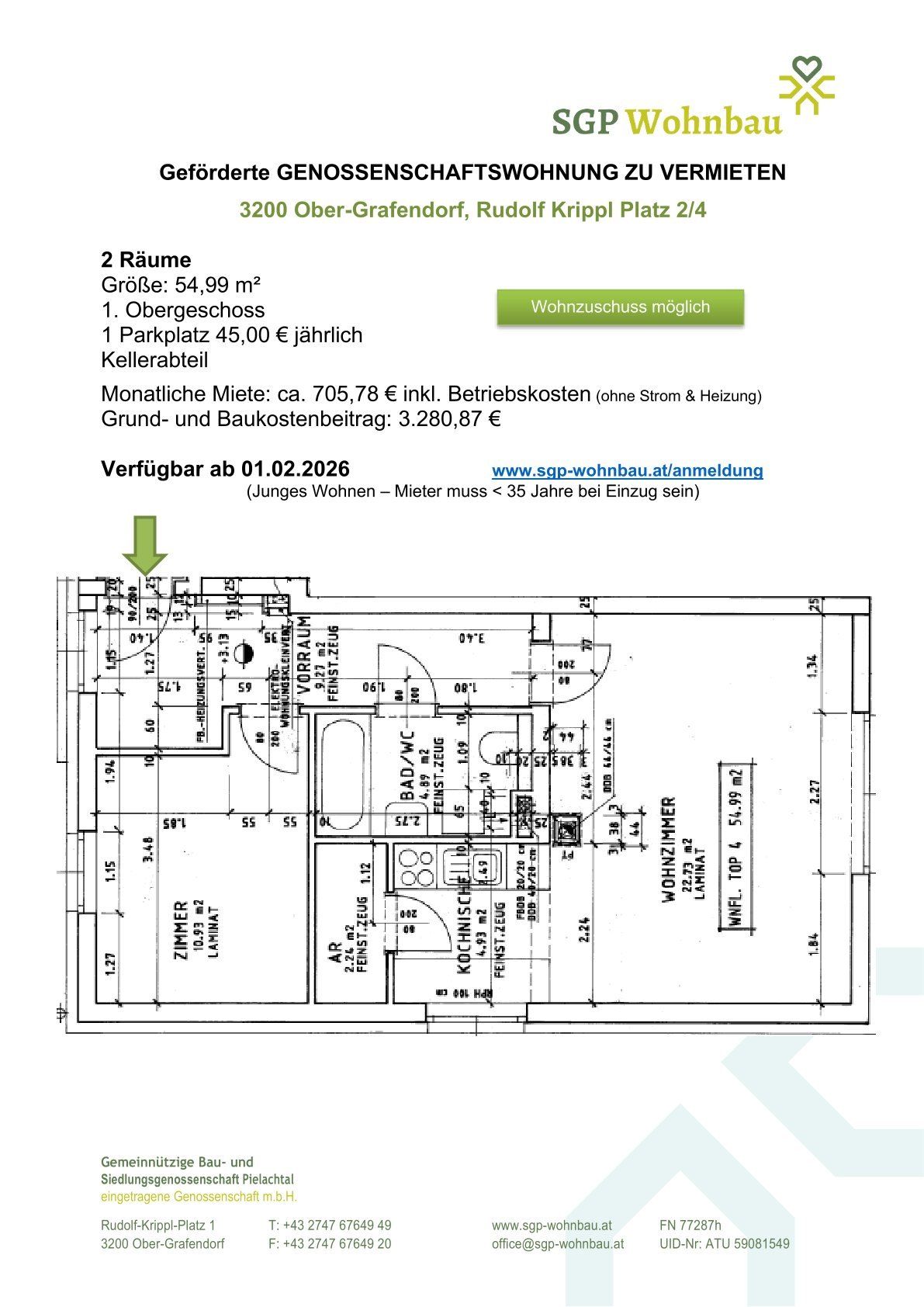 An advertisement for a residential property in Ober-Grafendorf, Rudolf Krippl Platz 2/4. It is available from 01.02.2026. The property is 54.99 square meters, with a monthly rent of 705.78 euros, including operating costs. An image of a floor plan is also shown.