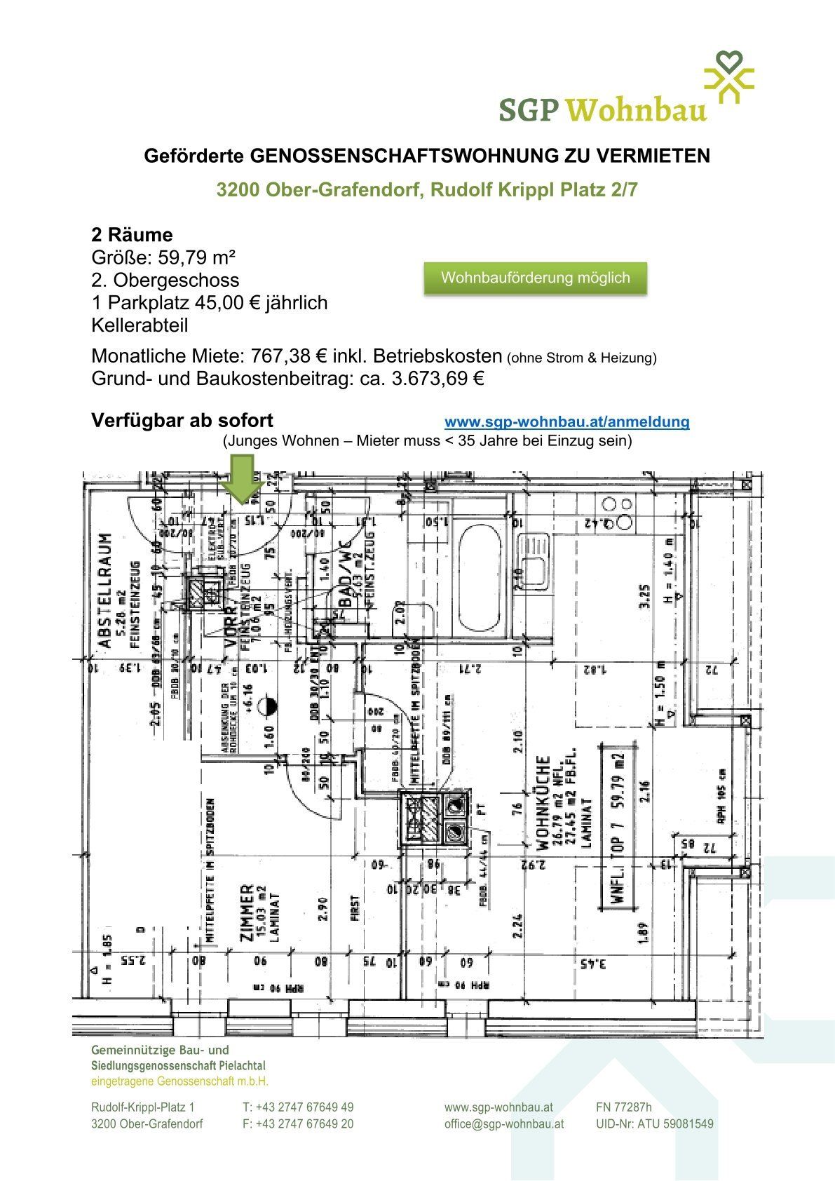 Image of a real estate advertisement for 2 rooms in Ober-Grafendorf. Monthly rent 767.38 euros. Available immediately. The floor plan shows dimensions and room layout.