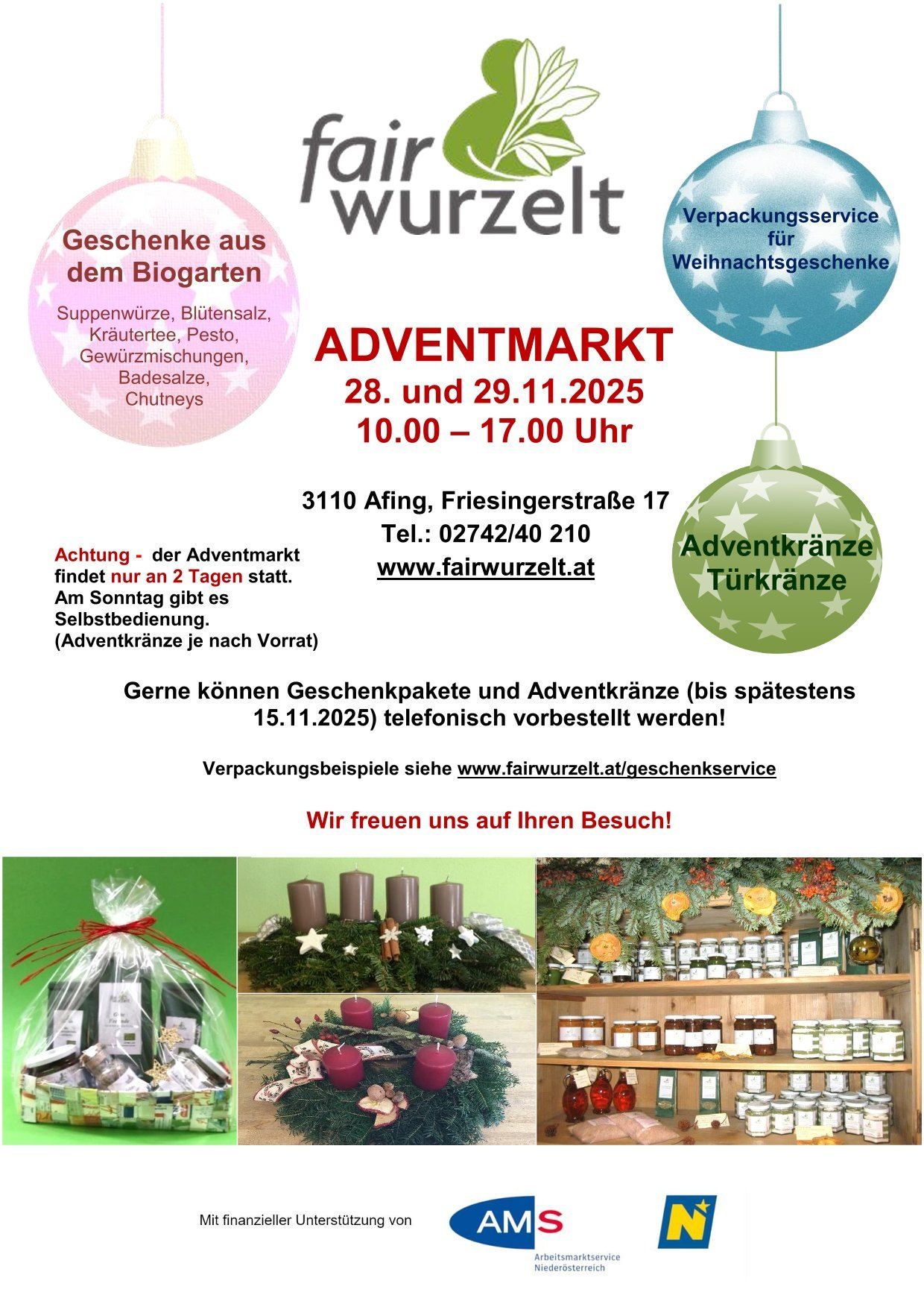 An advertisement for Wurzel's Advent market, offering garden gifts like herbs and pesto, on Nov 28-29, 2025, 10:00-17:00 at 3110 Afing, Friesingerstrasse 17. Only on Sunday, Advent wreaths available after advance order. Visit www.fairwurzelt.at for more details.