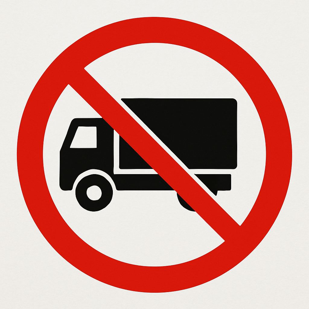 Schwarzer LKW-Symbol in rotem Kreis durchgestrichen. Verbotszeichen für Lastwagen.