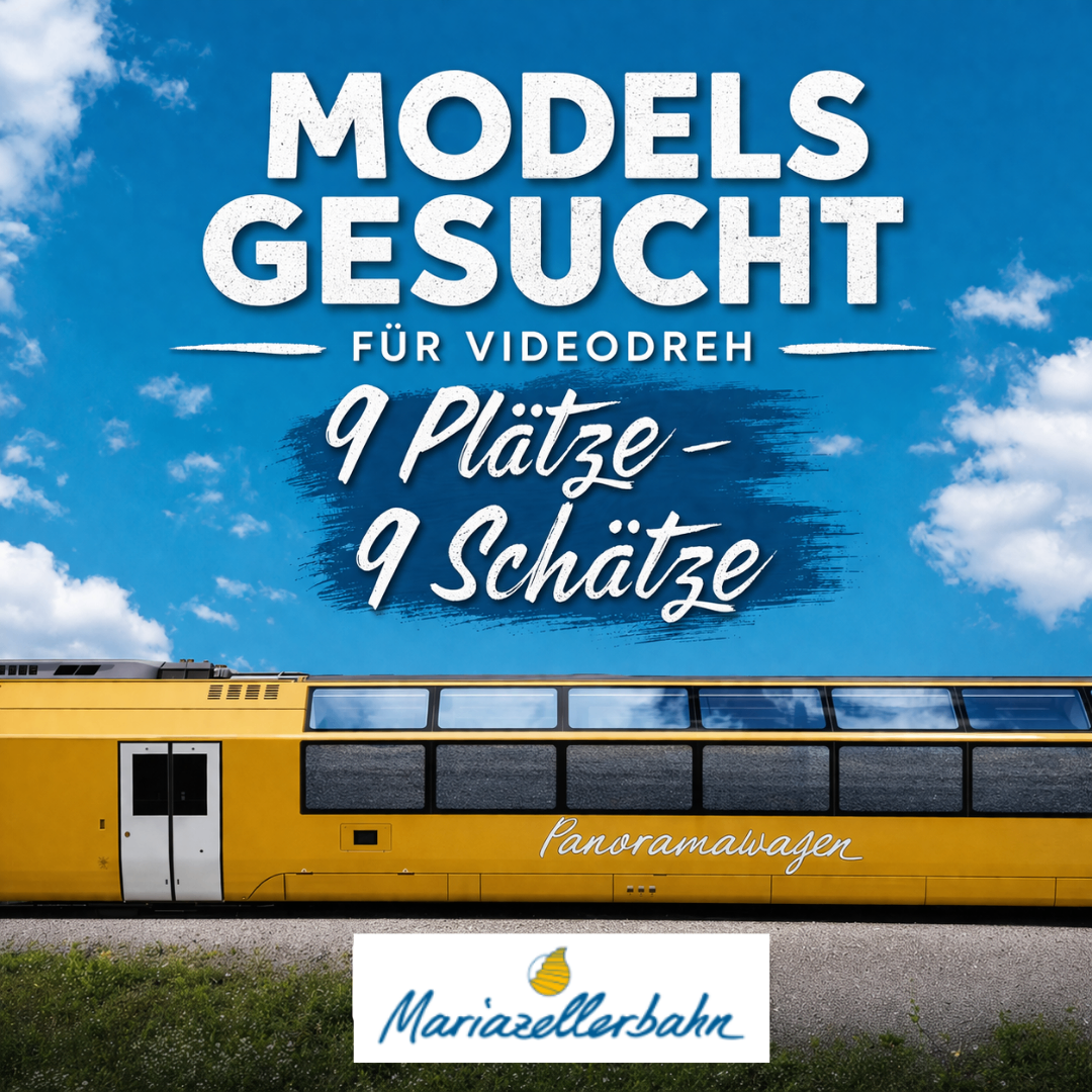 An advertisement for video shoots featuring a yellow panoramic train on a sunny day with blue skies. It seeks models for 9 places and offers 9 estimates.