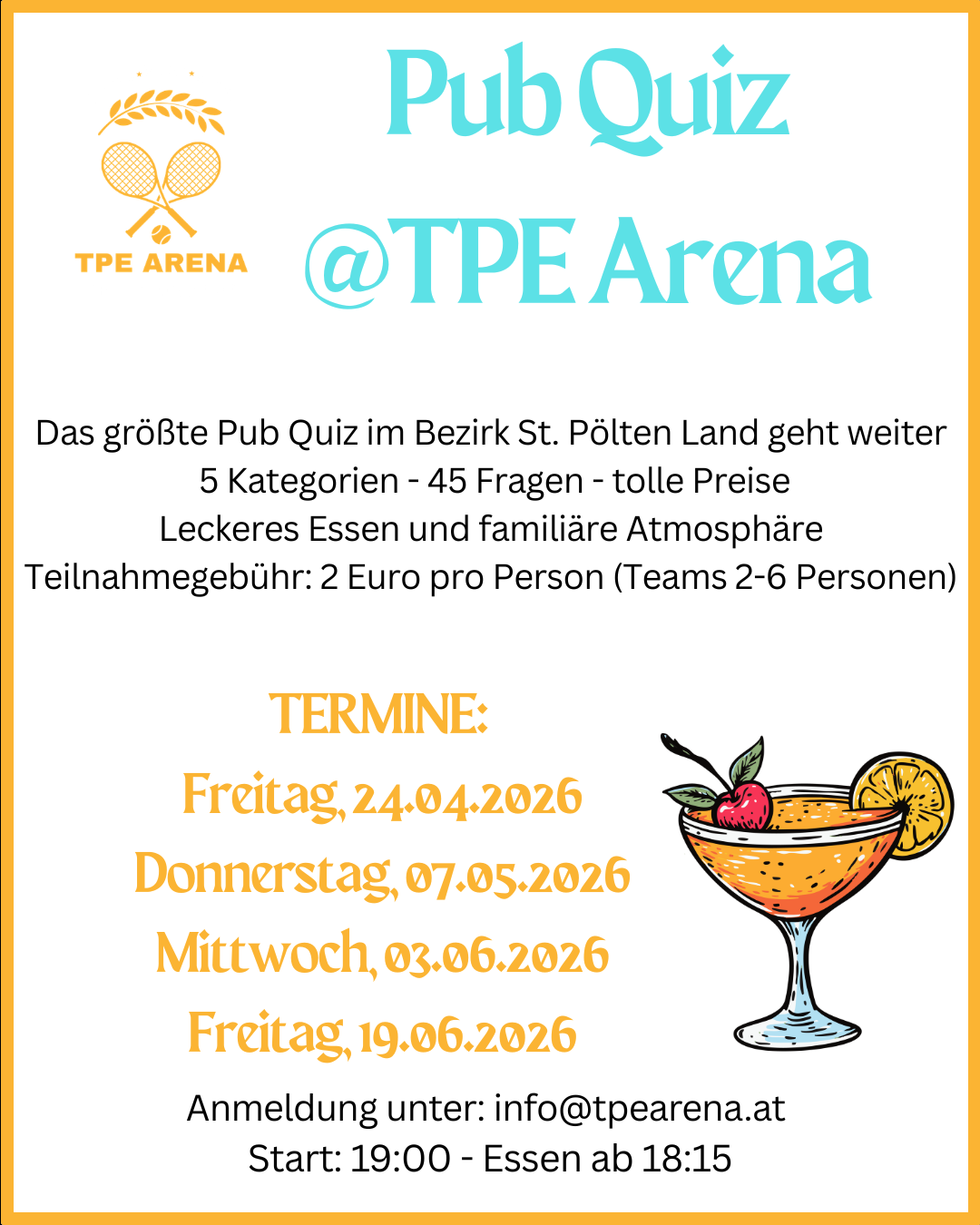 Pub quiz event at TPA Arena. Fridays, April 24, May 7, June 3, and June 19, 2026. 5 categories, 45 questions, fun atmosphere, 2 Euros per person.