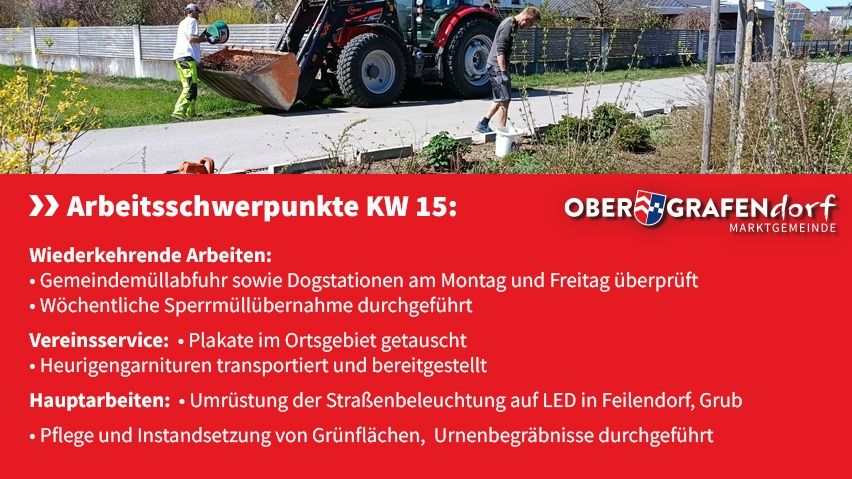 Poster advertising maintenance work. Two men in work clothes are performing roadwork using a tractor and a white bucket.