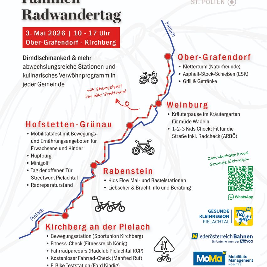 Plakat für den Familienradtag in Ober-Grafendorf und Kirchberg am 3. Mai 2026. Bietet vielfältige Aktivitäten wie Kletterstationen und kulinarische Programme, mit einem WhatsApp-Kanal für Updates.