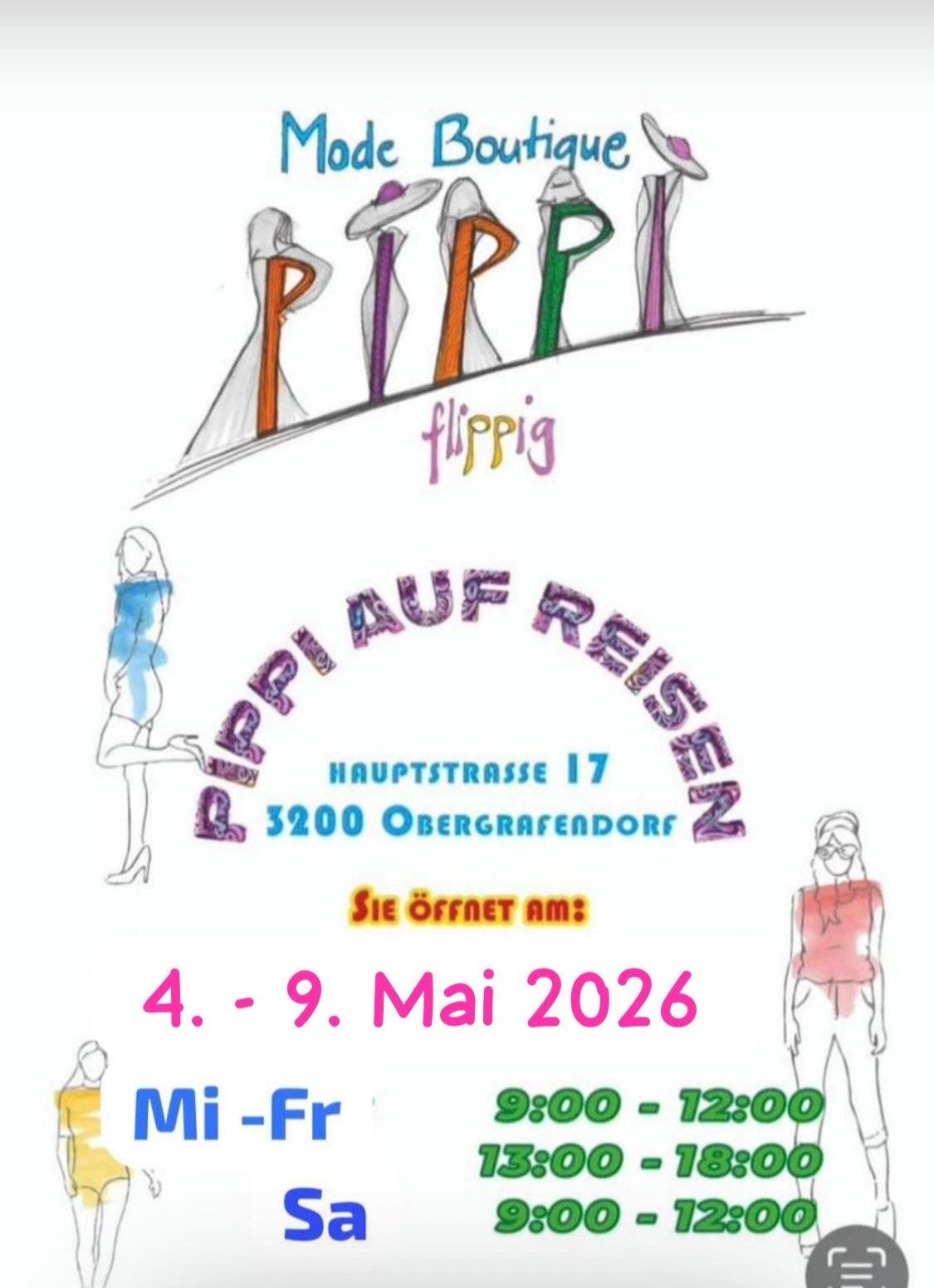 Ein Plakat mit farbenfrohen Illustrationen von Menschen und dem Text Pippi auf Reisen. Die Veranstaltung ist vom 4. bis 9. Mai 2026 in der Hauptstrasse 17, 3200 Obergrafendorf geöffnet.