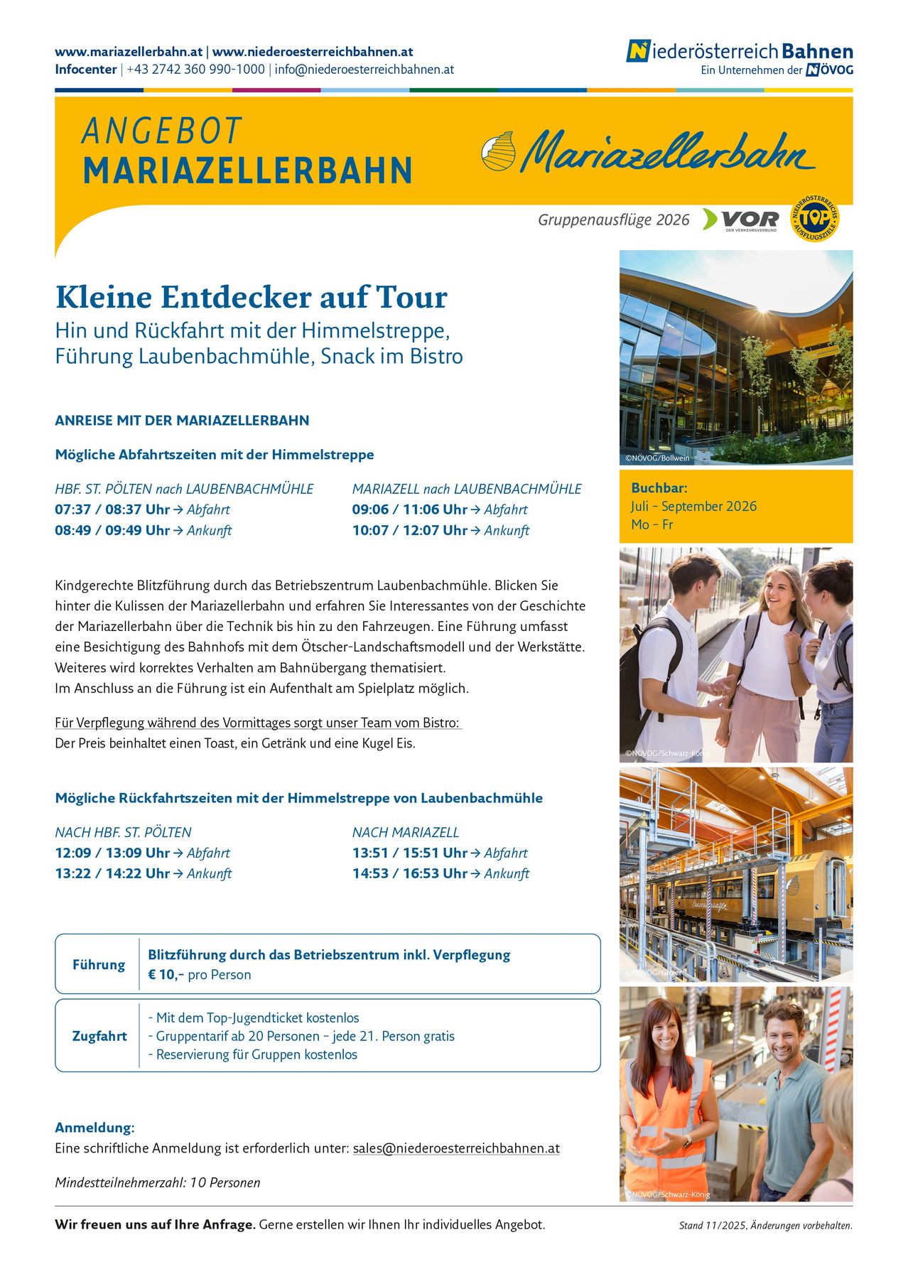 Tour für junge Entdecker mit der Himmelstreue, Führung durch die Laubenbachmühle, Snack im Bistro. Abfahrtszeiten mit der Himmelstreue und Mariazellerbahn. Juli bis September 2026. Geführte Tour beinhaltet Besuch der Werkstatt und Präsentation der Technik hinter den Zügen. Zusätzliche Erfrischungen verfügbar.