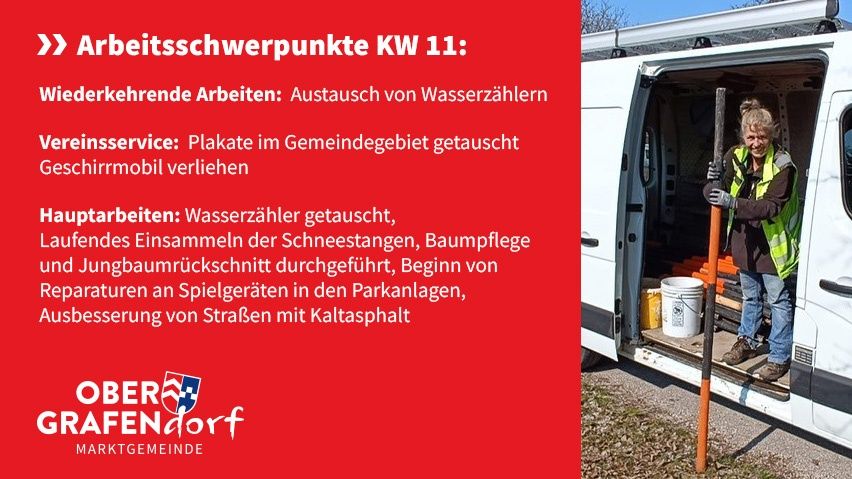 Eine Frau in einer reflektierenden Weste steht vor einem Van mit den Worten 'Arbeitsschwerpunkte KW 11' auf der linken Seite. Sie hält einen langen orangefarbenen Stab.