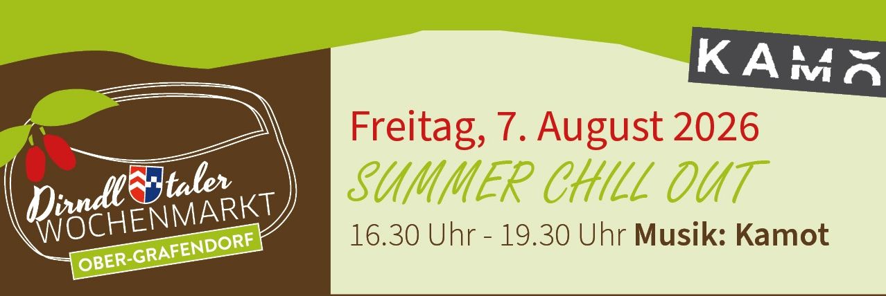 Plakat für die Summer Chill Veranstaltung auf dem Bauernmarkt in Musendorf am 7. August, von 16:30 Uhr bis 19:30 Uhr.