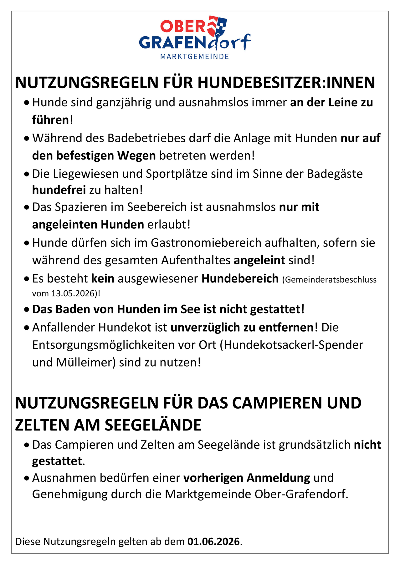 Eine weiße Seite mit schwarzem Text listet Regeln für Hundebesitzer auf, einschließlich Einschränkungen für die Anwesenheit von Hunden in bestimmten Bereichen und Regeln für Camping und Zelte.