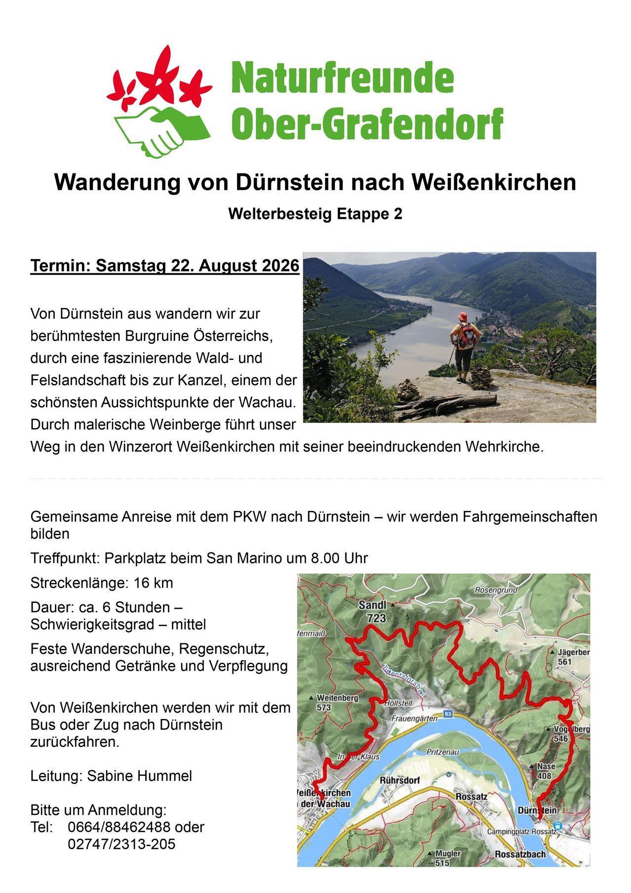 Ein Plakat für eine Wanderveranstaltung von Dürnstein nach Weißenkirchen, Österreich. Es zeigt einen Wanderer, der auf einem Berg steht, mit einem Fluss und Bergen im Hintergrund. Das Plakat enthält Details über die Wanderung, wie Datum, Treffpunkt und Dauer.
