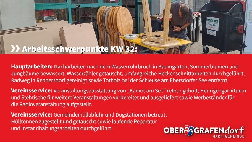 Ein Plakat mit einem Mann, der an einer Holzstruktur arbeitet, und einem Mülleimer im Hintergrund. Das Plakat enthält Informationen über Arbeitsaufgaben in KW 32.