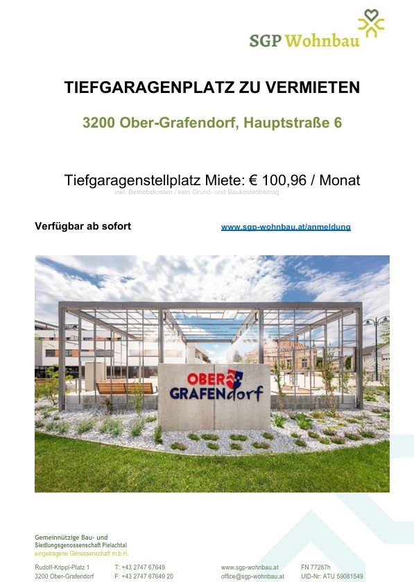 An advertisement for a deep garage space rental in Ober-Grafendorf, Austria. The rental is available immediately for €100.96 per month. The image shows a modern garage structure with a sign reading 'Ober-Grafendorf'.