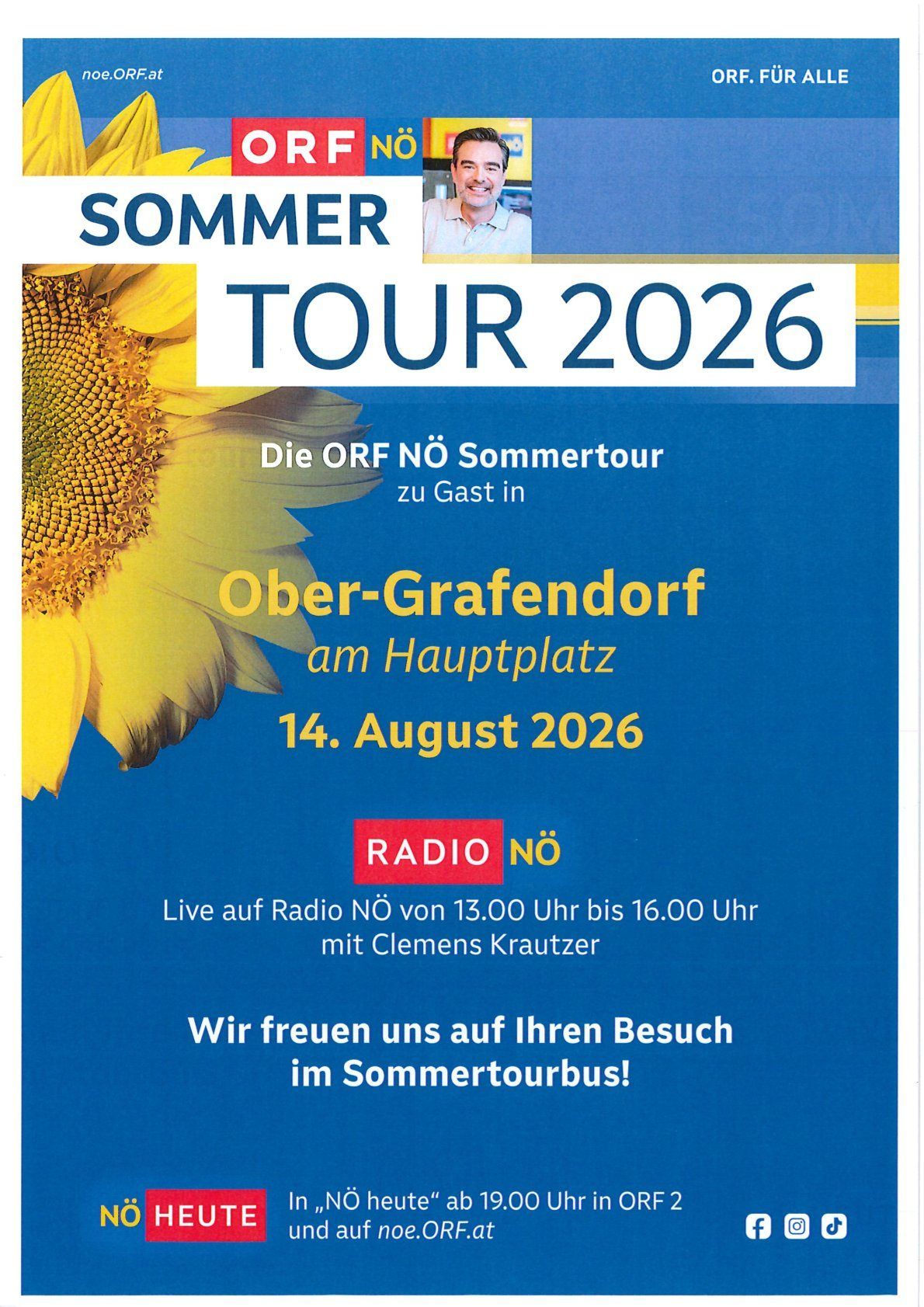 Poster for the 2026 Summer Tour featuring a sunflower and details about the event in Ober-Grafendorf. It will be broadcast live on Radio NÖ.