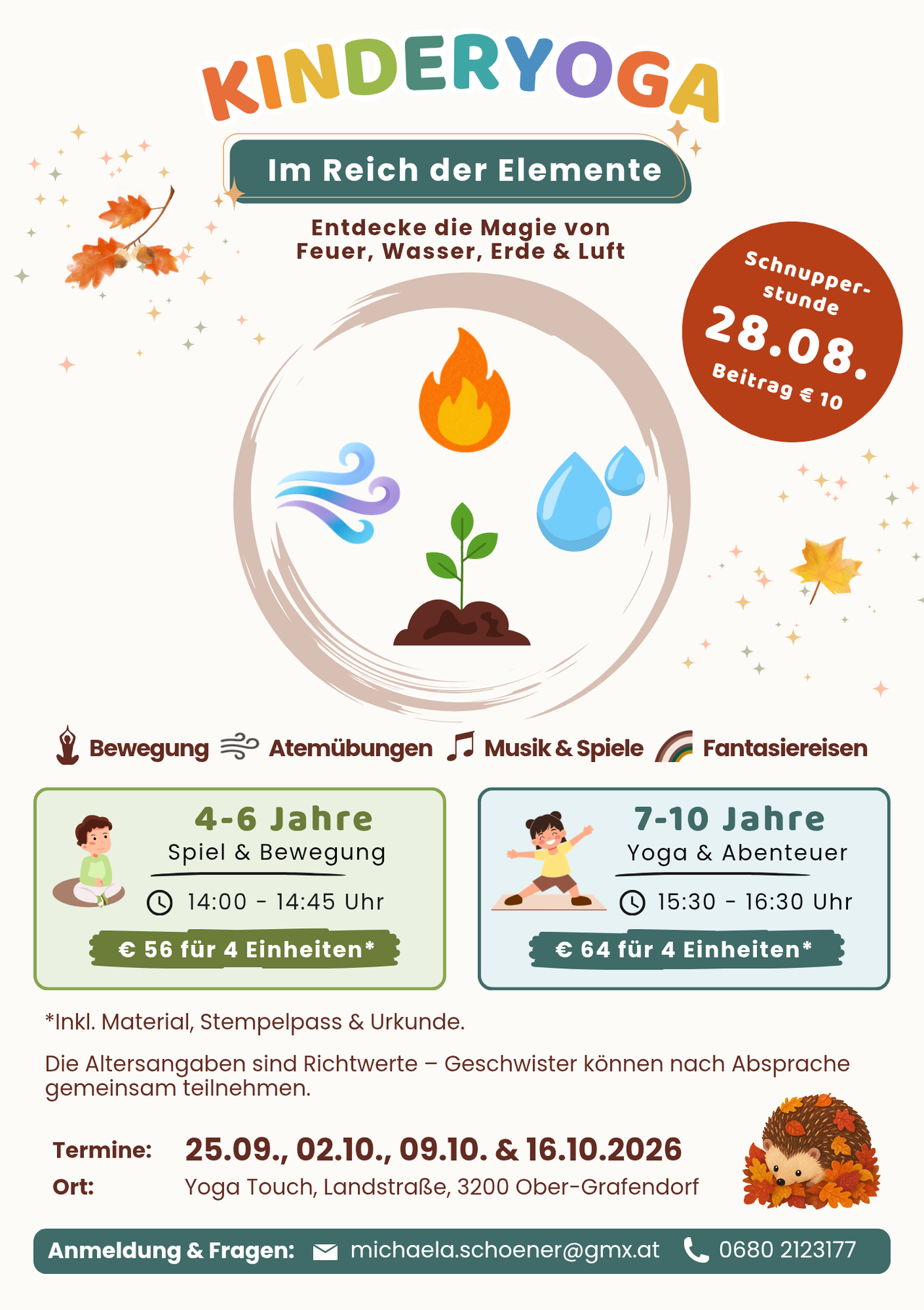 An advertisement for a children's activity event featuring fire, water, earth, and air. Two sessions are offered: one for ages 4-6 with play and movement from 14:00 to 14:45, and another for ages 7-10 with yoga and adventures from 15:30 to 16:30. Each session costs 56 and 64 Euros respectively.