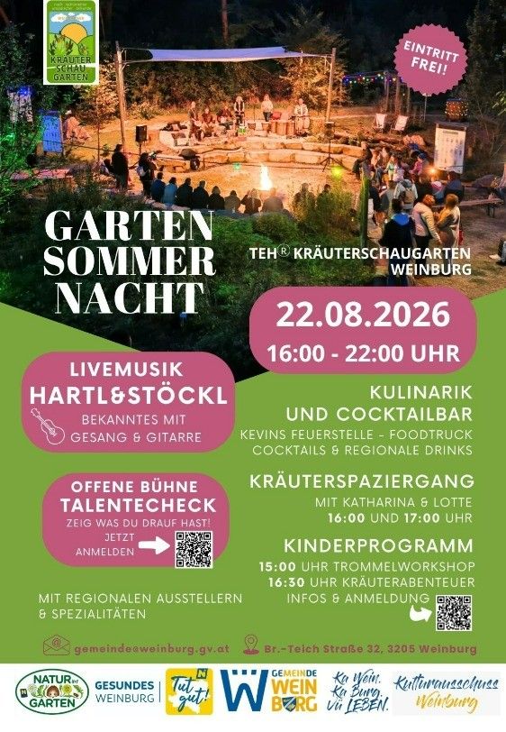 Poster for Garten Sommer Nacht event at Kräuterschaugarten Weinburg on August 22, 2026. Features live music, culinary offerings, and a talent check.
