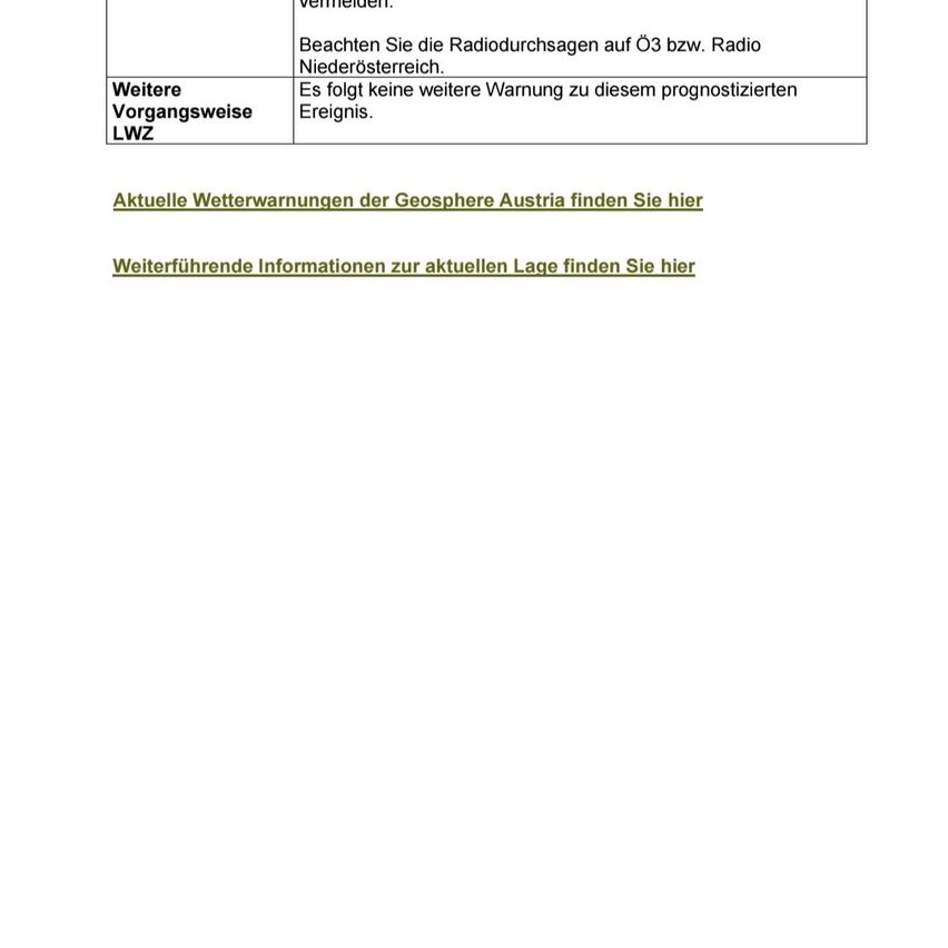 Ein Dokument mit einer Warnmeldung über Radioübertragungen in Niederösterreich, die davon abraten. Es wird keine weitere Warnung für dieses prognostizierte Ereignis erwartet. Links zu aktuellen Wetterwarnungen und weiteren Informationen sind vorhanden.