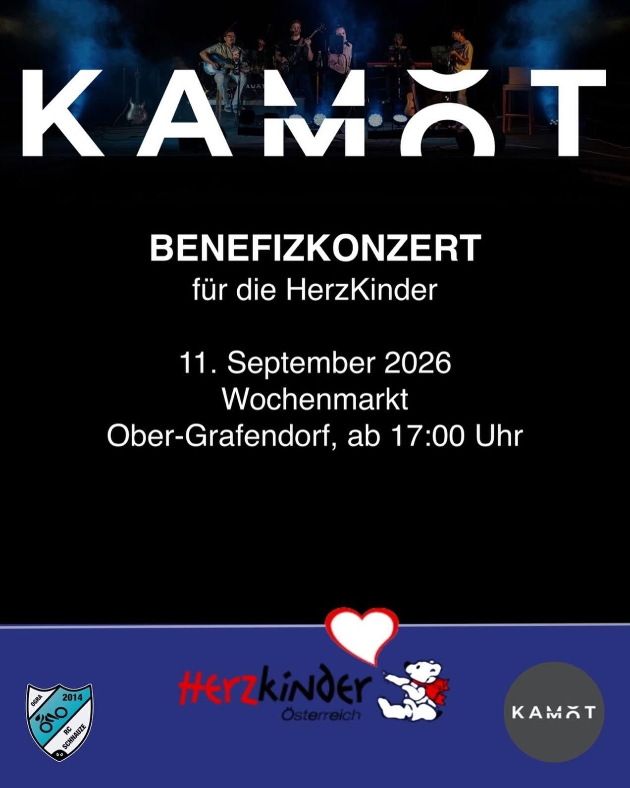 A poster for a charity concert for HerzKinder on September 11, 2026, at the Ober-Grafendorf weekly market, starting at 5 PM. The poster features a heart and a logo.