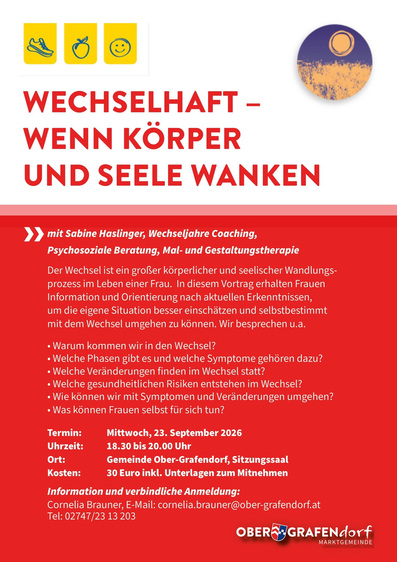 Poster for a talk about the change of life, featuring a red circle with a yellow center. The text is in German and includes details about the speaker, date, time, location, and cost.