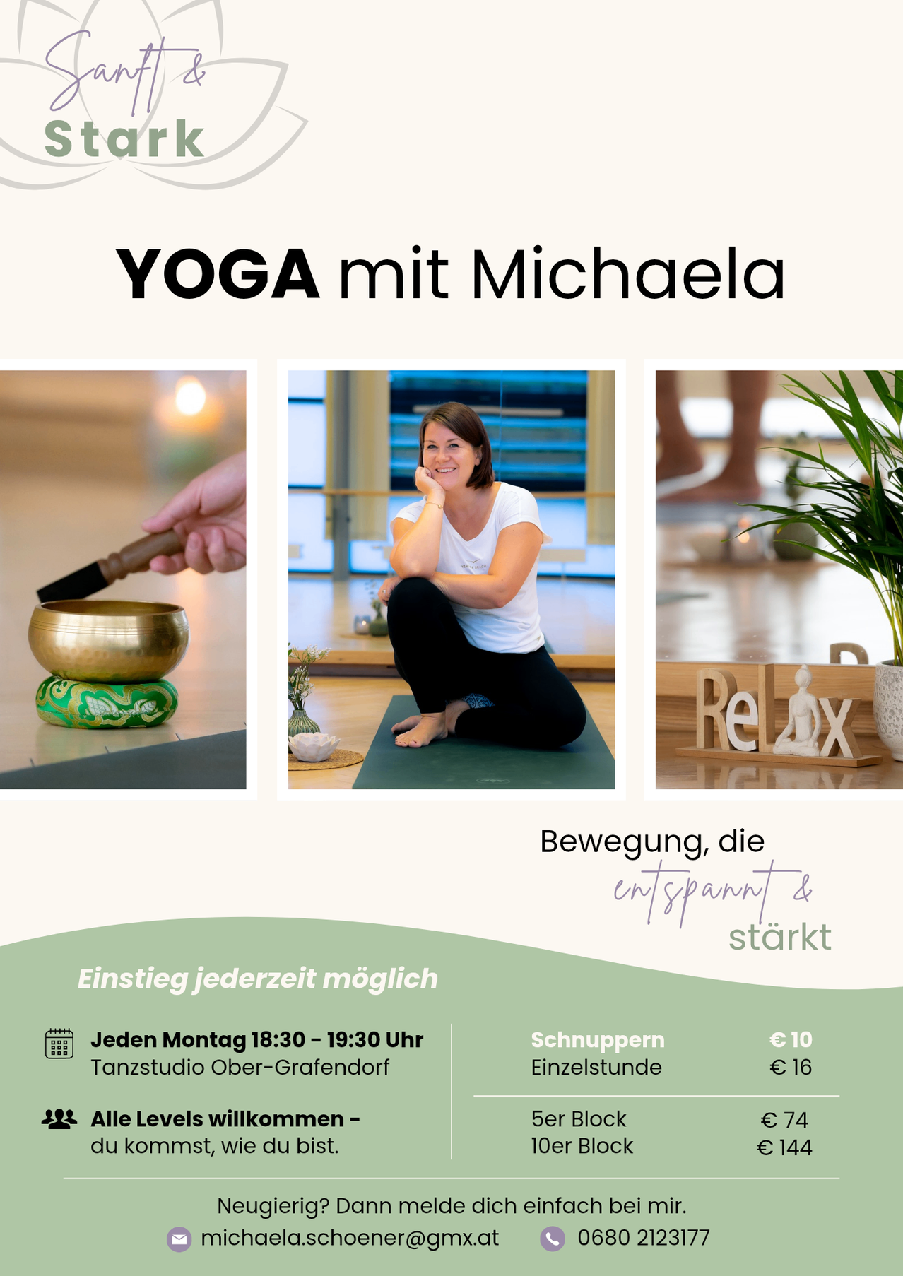 Yoga with Michaela, featuring a woman practicing yoga, a hand holding a singing bowl, and a potted plant. The image includes a schedule for yoga classes and pricing.