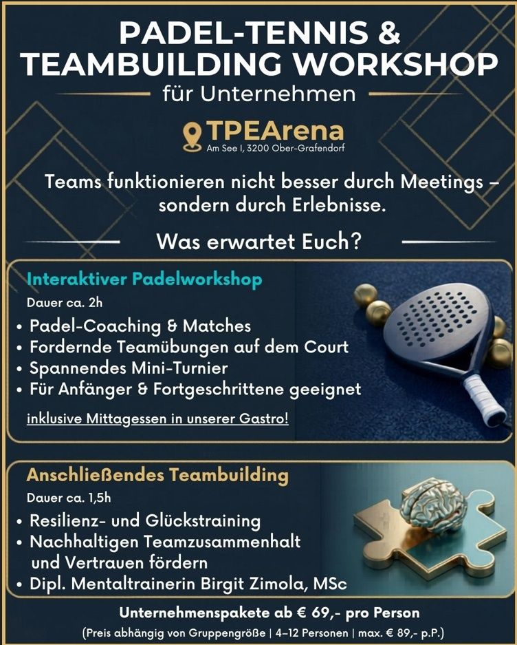 A teambuilding workshop for companies at TPE Arena. It includes interactive padel workshop and closing teambuilding activities. Lasts about 2 hours and 1.5 hours respectively.