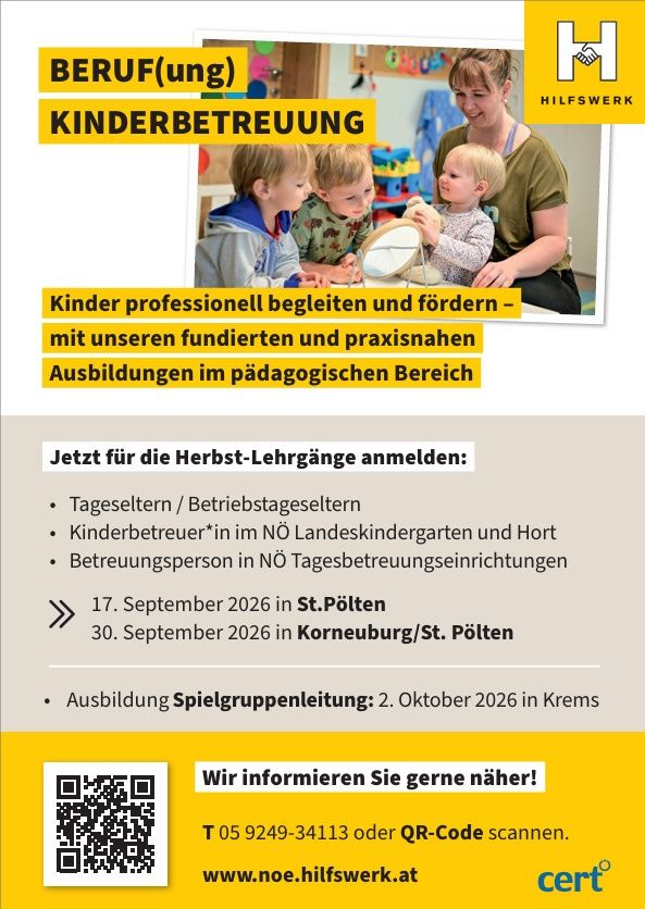 Advertisement for professional childcare training. Dates: September 17, 2026, in St. Pölten; September 30, 2026, in Krems/St. Pölten. Contact: 05 9249-34113 or scan the QR code.