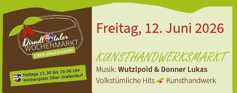 Poster for the weekly market in Ober-Grafendorf. Features an event date, music, and event details.