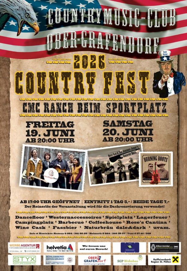 Poster for Ober-Grafendorf Country Fest 2026. Dates: Friday, June 19 and Saturday, June 20, starting at 8 PM. Features images of musicians and a logo. Includes details about ticket prices and venue amenities.