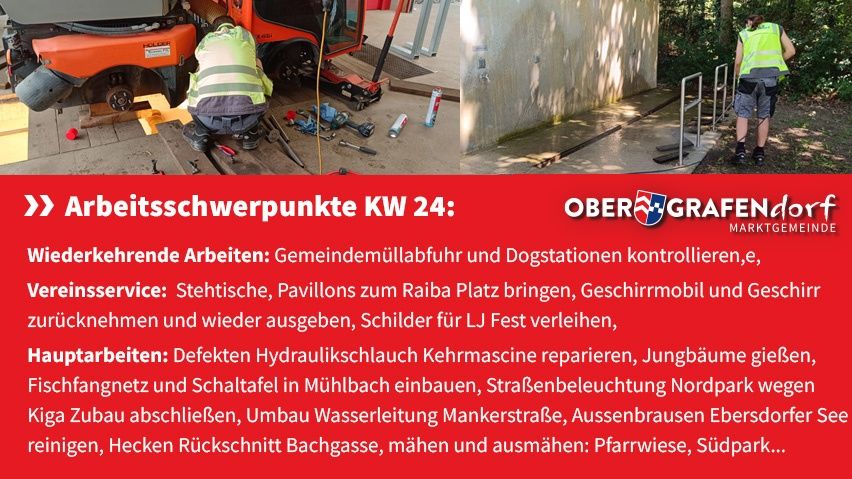 A poster lists community maintenance tasks including garbage collection, waste station checks, and repairs. It also includes tasks for the recycling service, upkeeping tasks, and mowing.