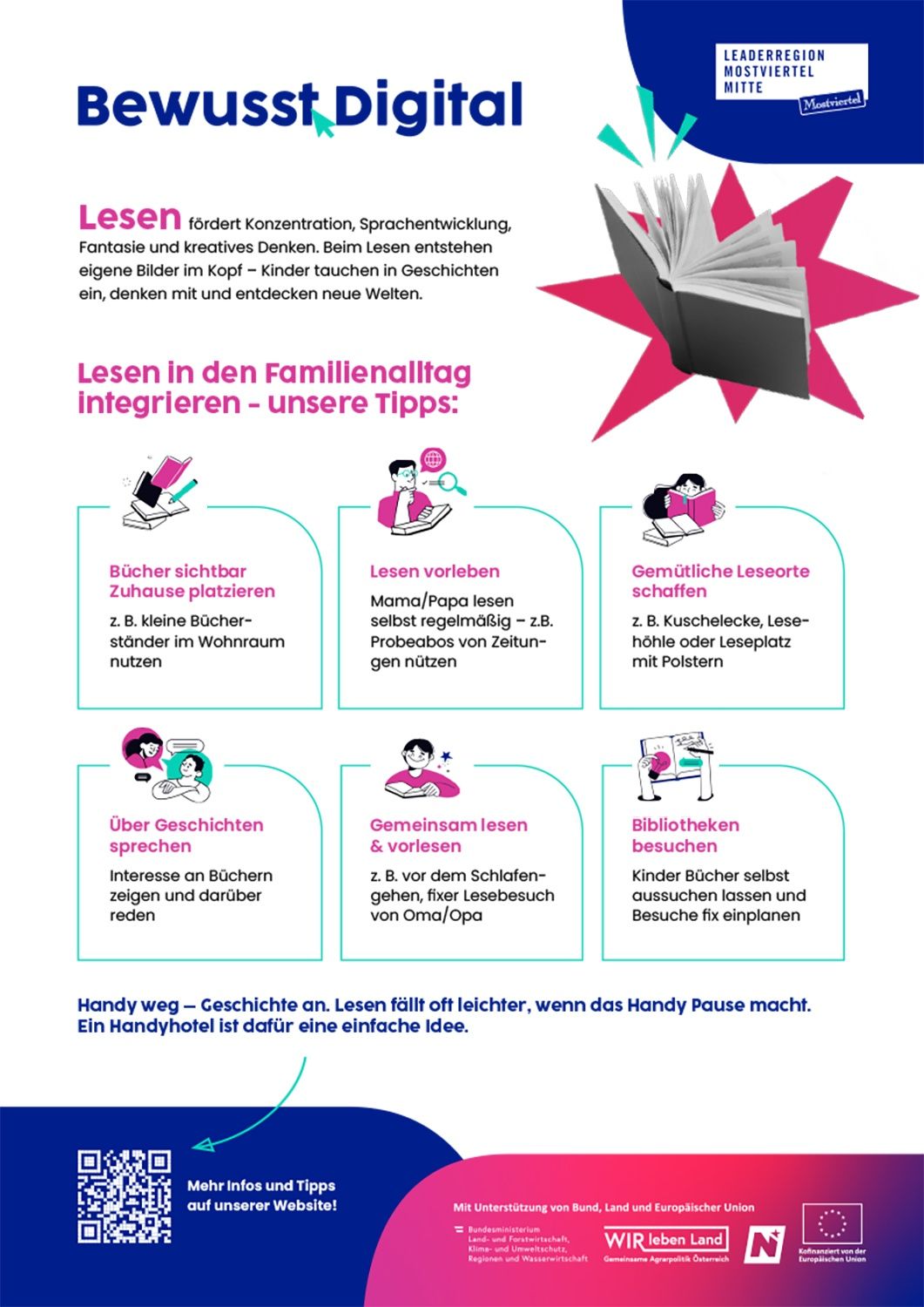 An infographic provides tips for integrating reading into family life. Suggestions include making books easily accessible, encouraging reading habits, creating cozy reading corners, and visiting libraries. It also mentions the importance of reading stories together.