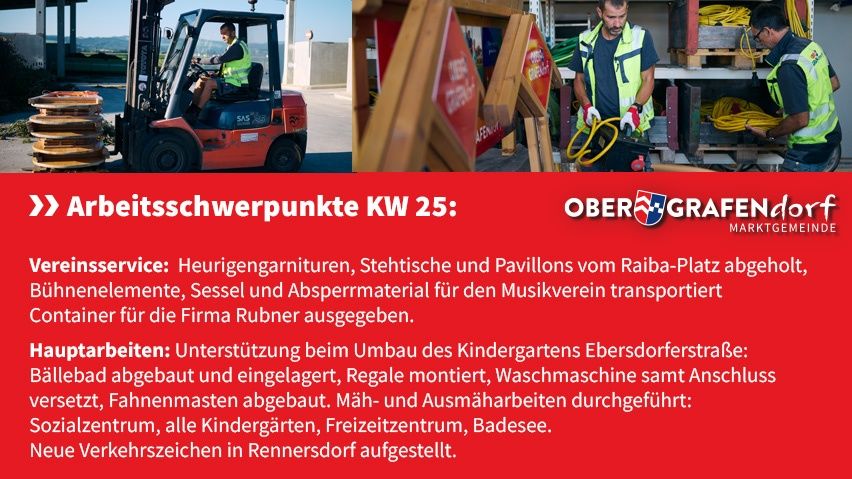 Arbeiter entladen einen Container, transportieren Ausrüstung zum Musikverein und renovieren einen Kindergarten.