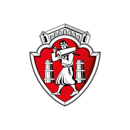 Eine Illustration eines Mannes, der eine aufgerollte Pergamentrolle auf dem Rücken trägt, vor einem Gebäude mit einem spitzen Dach und Fenstern, innerhalb eines roten Schildes.