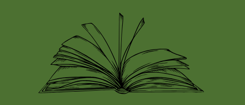 Ein offenes Buch mit umgeblätterten Seiten, Julians Bucherstube E.U. in fettgedruckten Buchstaben darüber auf einem grünen Hintergrund.
