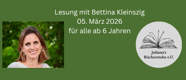 Ein Poster zeigt eine lächelnde Frau mit einem Logo. Es steht 'Lesung mit Bettina Kleinszig, 05. März 2026 für alle ab 6 Jahren'. Das Logo ist ein offenes Buch.