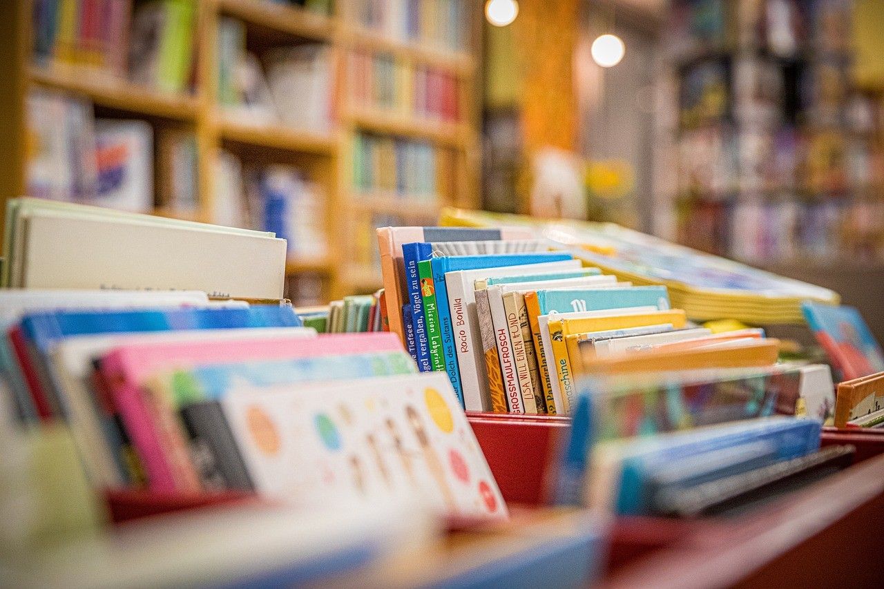 Ein mit verschiedenen bunten Büchern gefüllter Raum in einem roten Korb. Im Hintergrund sind verschwommene Holzregale zu sehen.