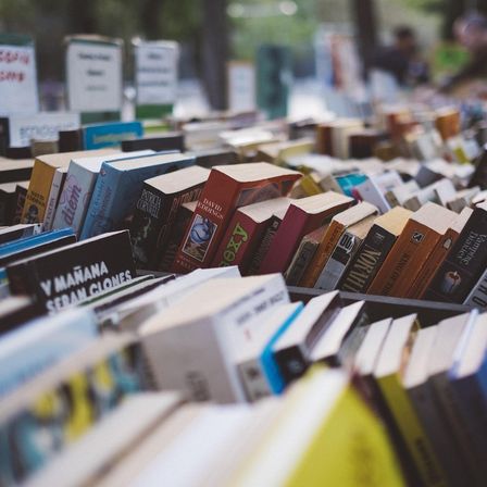 Ein großer Haufen Bücher wird in einer Außenumgebung ausgestellt. Verschiedene Bücher in unterschiedlichen Größen und Farben sind aufeinandergestapelt. Im Hintergrund sind einige Personen zu sehen.