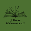 Ein offenes Buch mit umgeschlagenen Seiten steht auf grünem Hintergrund. Der Titel lautet Juliana's Bucherstube e.U.