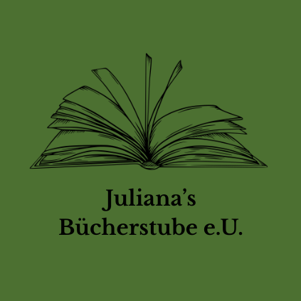 Ein offenes Buch mit umgeschlagenen Seiten steht auf grünem Hintergrund. Der Titel lautet Juliana's Bucherstube e.U.