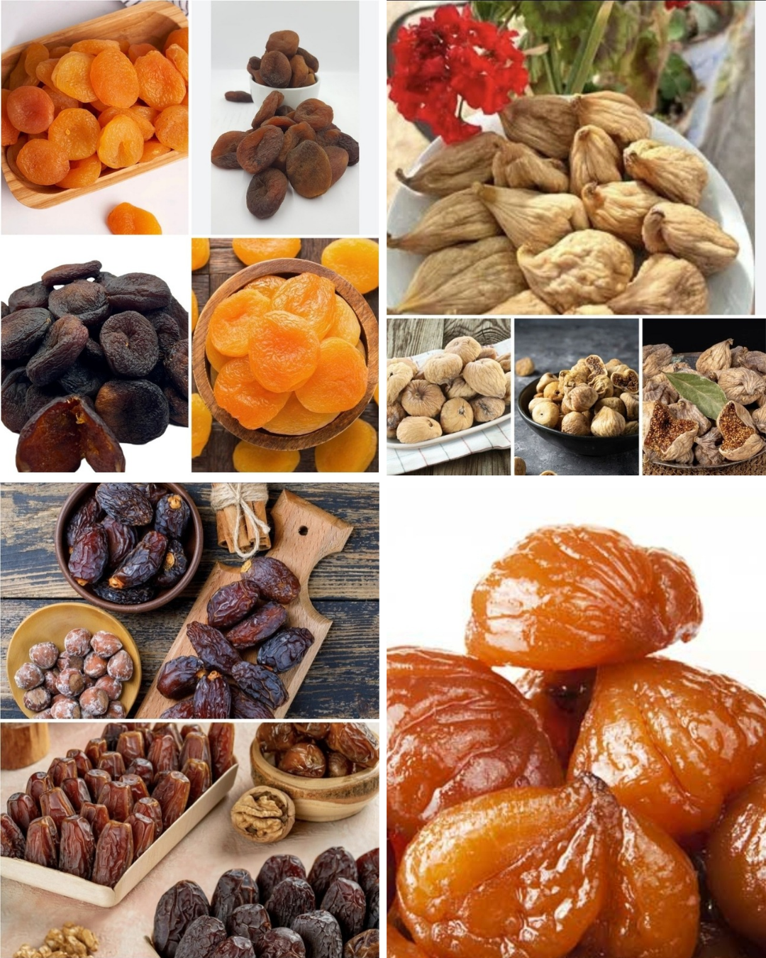 Eine Collage aus getrockneten Früchten: Aprikosen, Feigen, Datteln und Walnüsse in verschiedenen Präsentationen. Einige Früchte sind ganz, andere gehackt, und sie sind in Schüsseln, auf Tellern und auf Holzbrettern angeordnet.