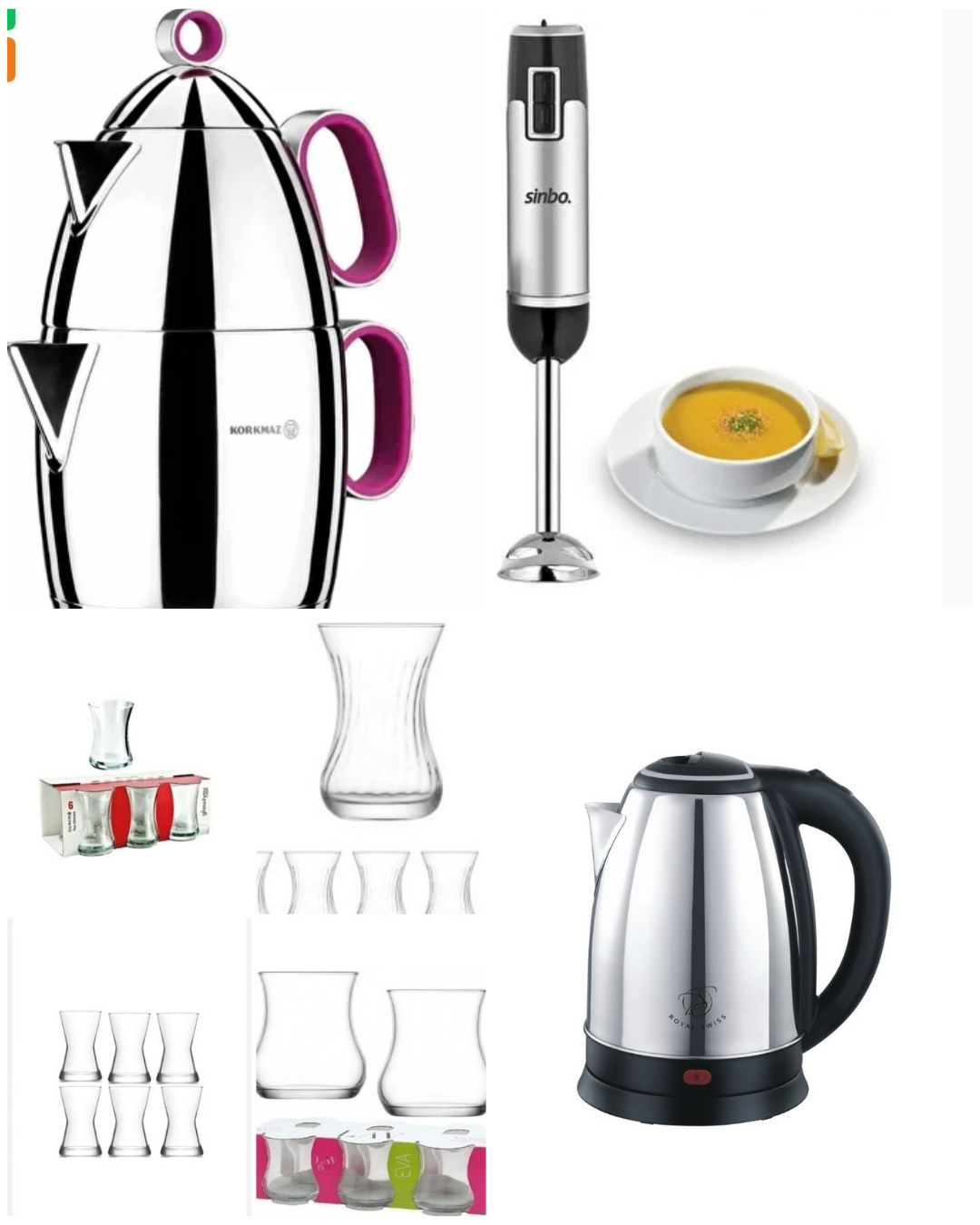 A set of kitchenware including a kettle, glass cups, a blender, and a soup bowl on a plate.