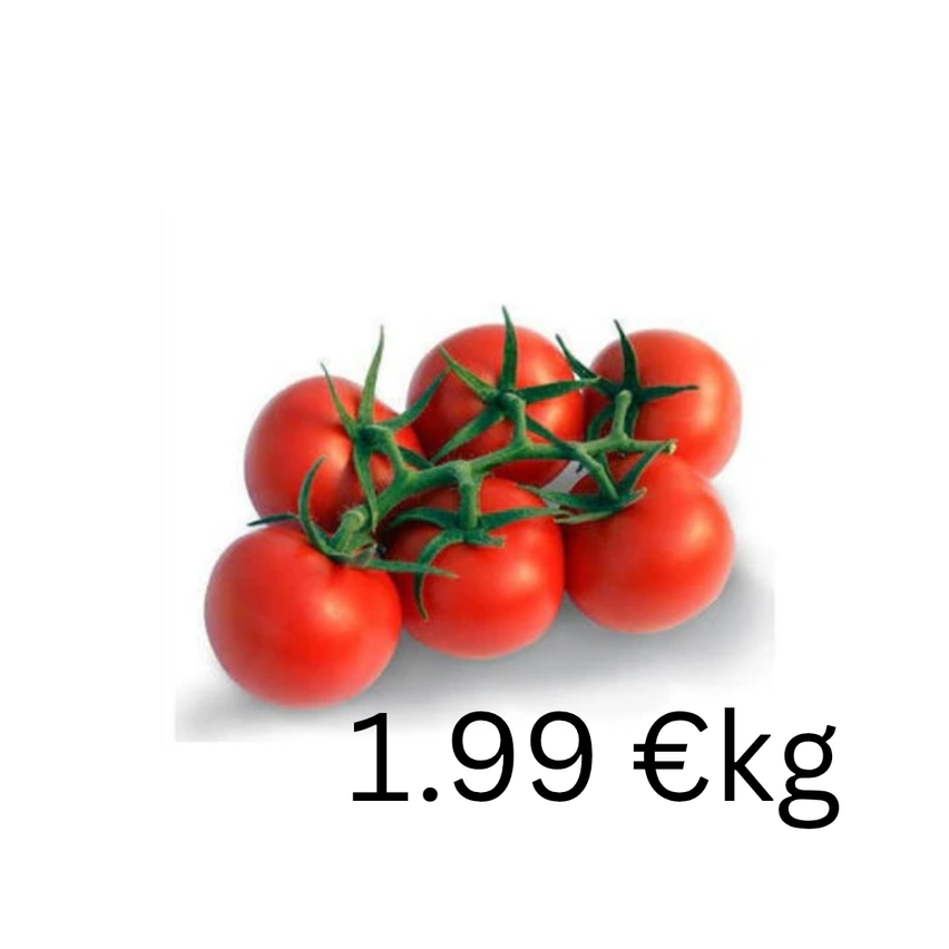 Eine Ansammlung roter Tomaten mit einem Preisschild von 1,99 Euro pro Kilogramm.