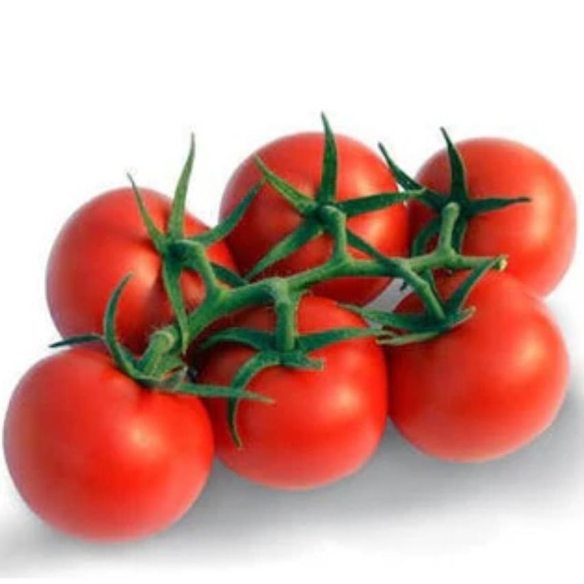 Ein Cluster von sechs reifen roten Tomaten mit grünen Stielen auf weißem Hintergrund.