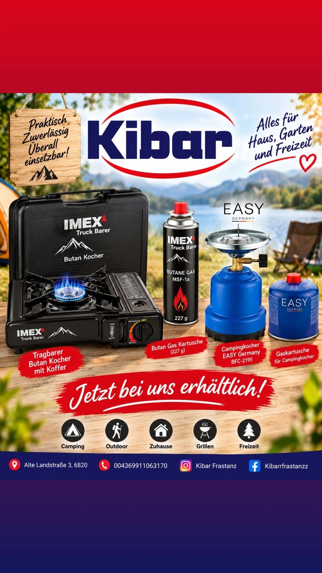 Werbeanzeige für IMEX Campingausrüstung mit einem tragbaren Butankocher, einer Gaskartusche und einem Campinggaskocher. Die Anzeige betont Zuverlässigkeit und Vielseitigkeit für Outdoor-Aktivitäten.