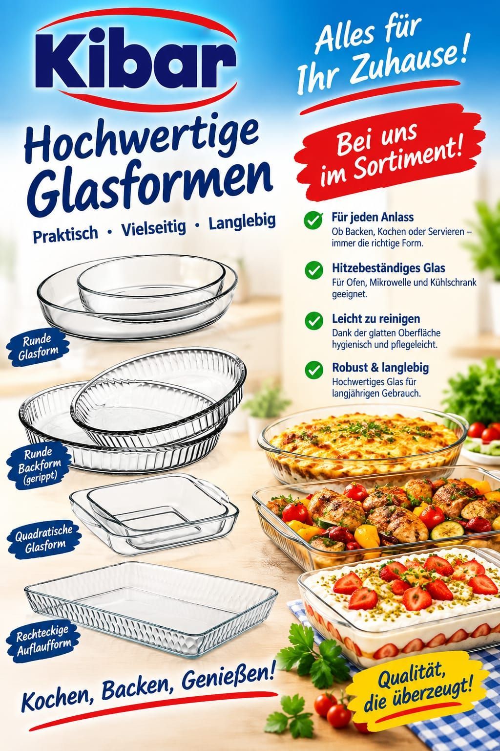 Eine Werbung für hochwertige Glasformen, die verschiedene Formen und Verwendungsmöglichkeiten zeigen, einschließlich Backen, Kochen und Servieren. Die Formen sind in klarem Glas dargestellt und unterstreichen ihre Praktikabilität und Langlebigkeit.