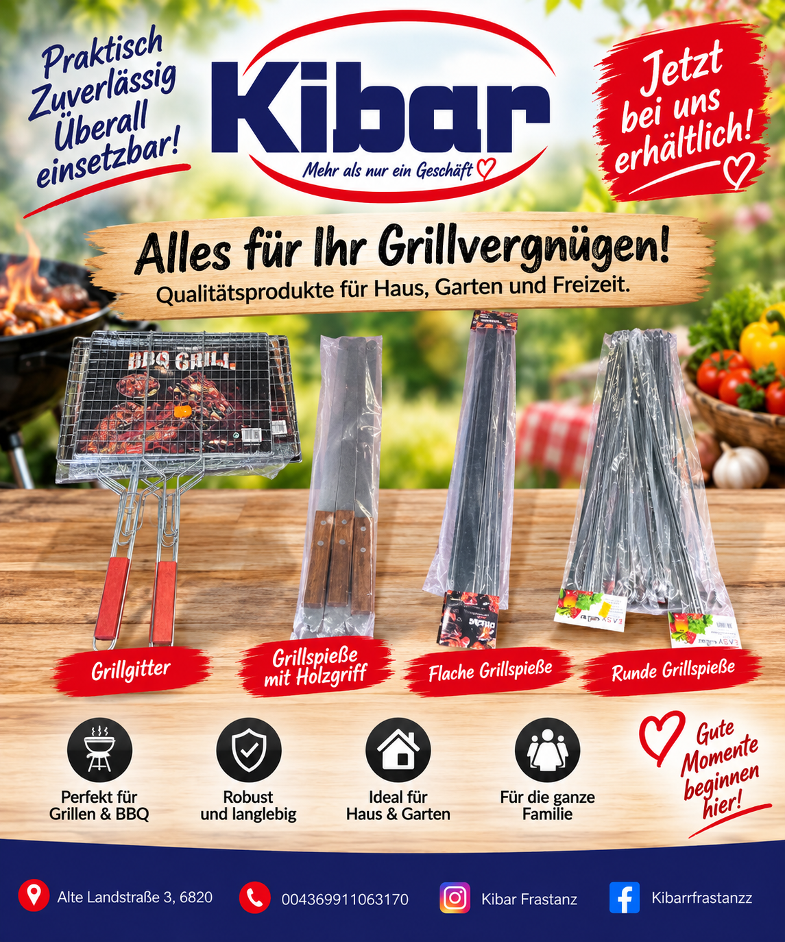 Eine Werbung für Kibar Grillzubehör, die verschiedene Produkte wie Grillzangen, Grillspieße und Grillmatten zeigt. Die Produkte sind auf einem Holztisch mit einem Grill im Hintergrund dargestellt. Die Anzeige betont Qualitätsprodukte für Zuhause, Garten und Freizeit.