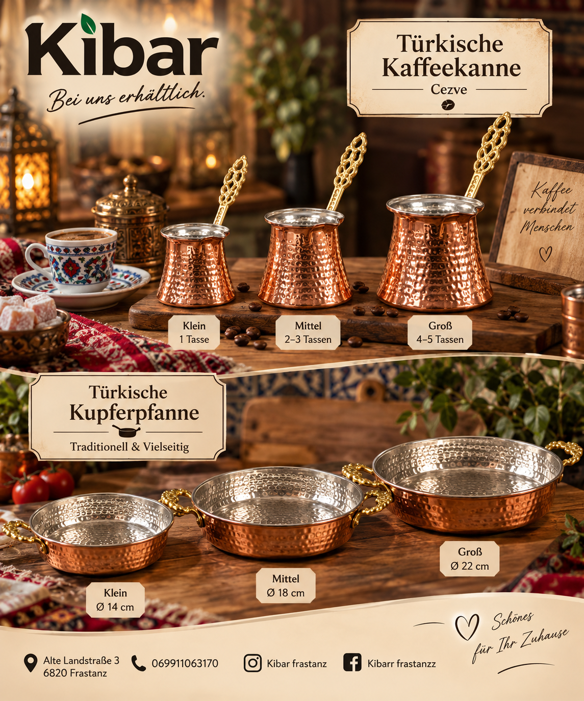 Ein Werbebild für türkische Kupfergeschirr, das verschiedene Kupfertöpfe und -pfannen mit Größenangaben zeigt. Das Bild zeigt auch eine Tasse Kaffee, eine Untertasse und eine dekorative Laterne.