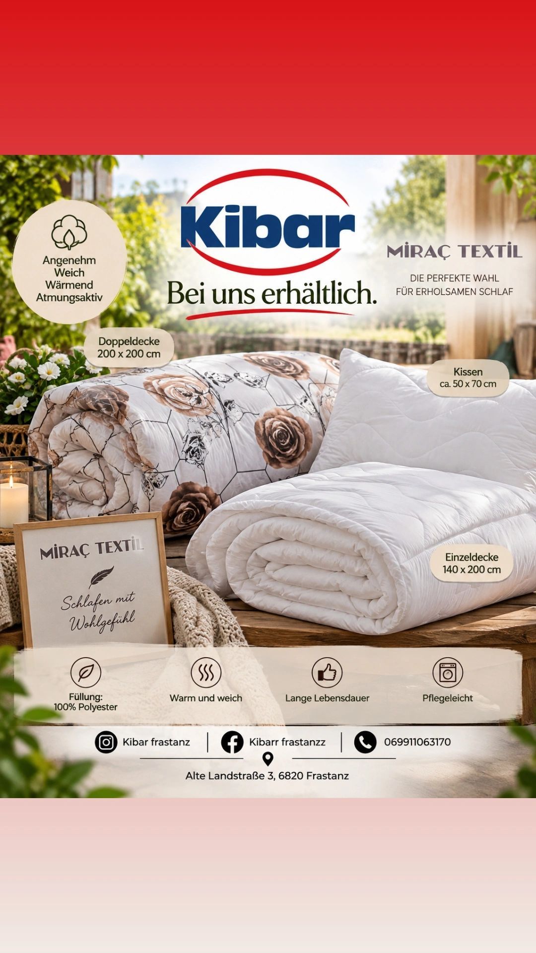 Werbebild für Kibar-Bettwäsche mit einem Doppelbettdecken, einer Einzelbettdecke und einem Kissen mit Blumendesign. Das Bild betont den Komfort und die Qualität der Bettwäsche.