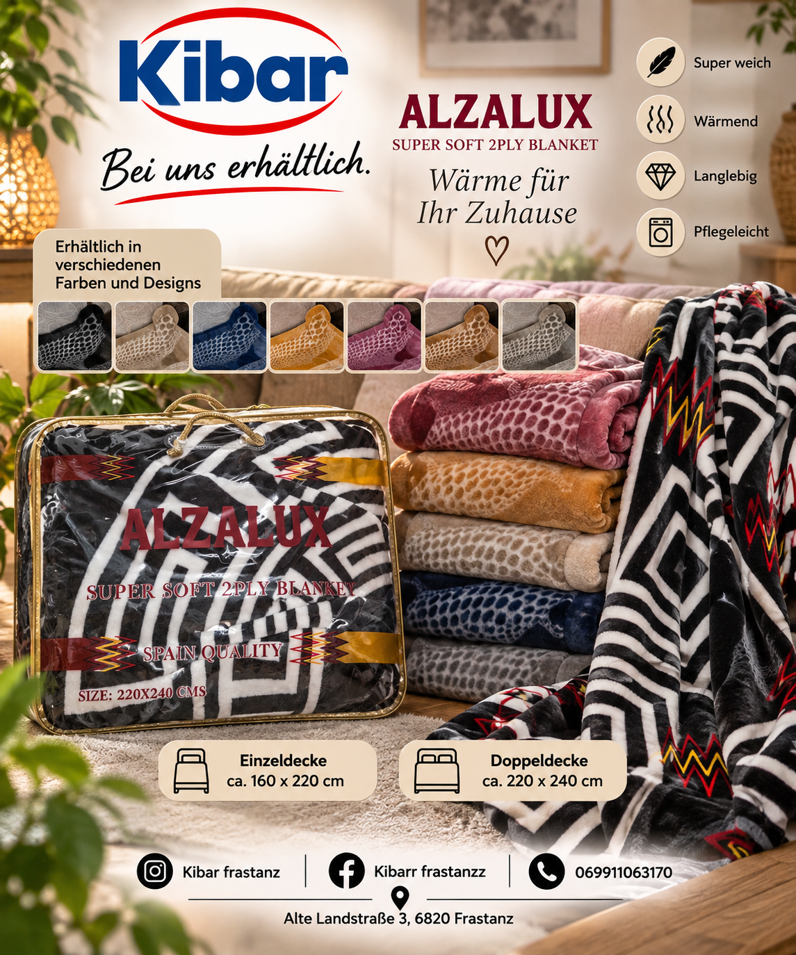 Werbung für Alzalux Super Soft 2-Ply Decken, zeigt verschiedene Farben und Designs, mit Angaben zu Größe und Pflege.